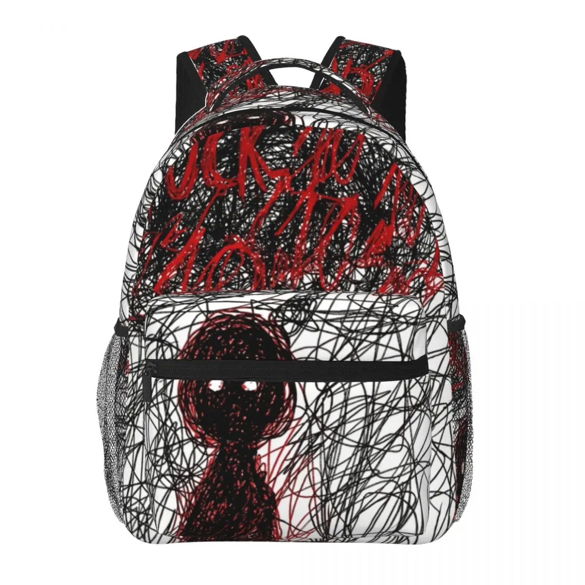 Gothic School Backpack Allover Scribble Figure Expressive Ink White Black Blood Red Edgy Daypack for School Work Weekend Outfit