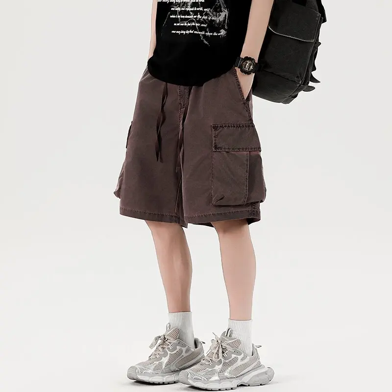 Summer New Fashion Trendy American Retro Solid Color Multi-pocket Cargo Shorts Men's Casual Loose Sport Plus Size Shorts
