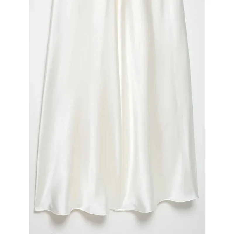 Retro Casual ärmelloses langes Kleid mit V-Ausschnitt für Damen, weißes Seidensatin-Hosenträger-Design, modisches Party-Sommer-Abendkleid