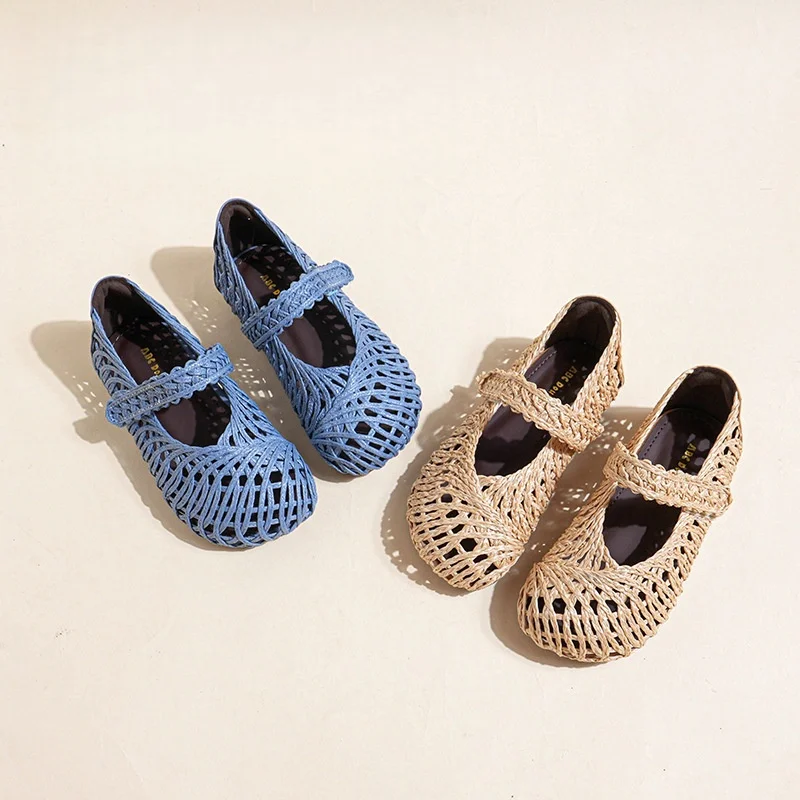 Girls Woven Hollow Mary Janes 2026 Summer Vintage Style Retro Casual Leather Shoes for Kids Comfort Breathable Flats
