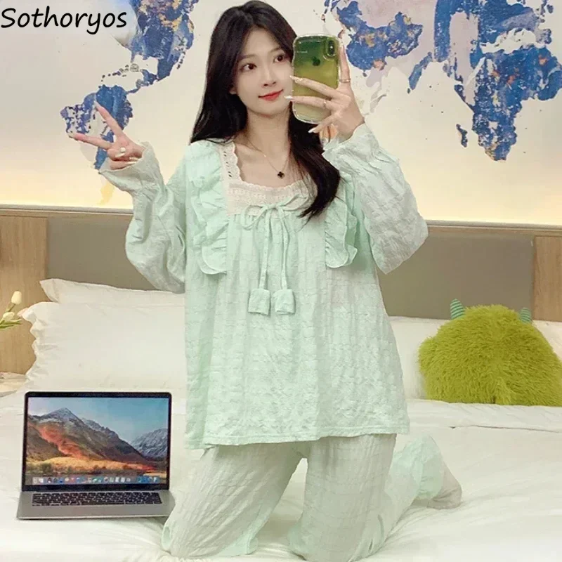 

Pajama Sets Women Tender Gentle Ruffles Design Princess Sleepwear Home Girlish Ulzzang All-match Soft Square Collar Pijama Mujer