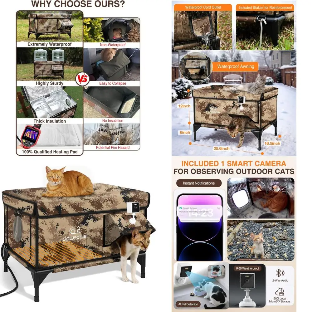 

Rugged Waterproof Outdoor Cat House with Heater and Pet Camera, Insulated Shelter for All-Weather Protection, Desert Camo, 26x16