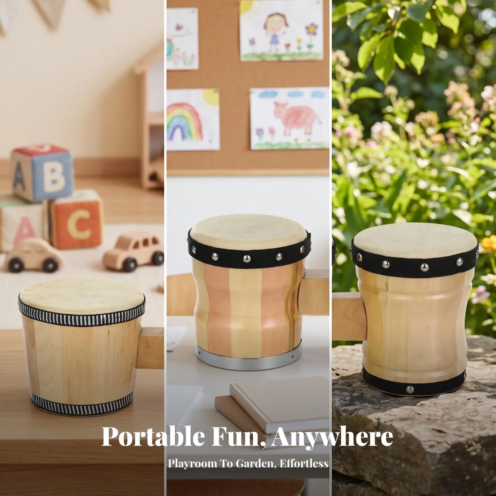 Percussion Bongo Drums | Wood Finish, Compact Connected-Pair Design, Bongos, for Rhythm Practice