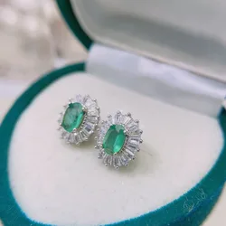 YULEM Sterling Silver Natural Emerald  Fashion Fine Stud Earrings for Women Jewelry Gifts 4x6mm Green Emerald Stone