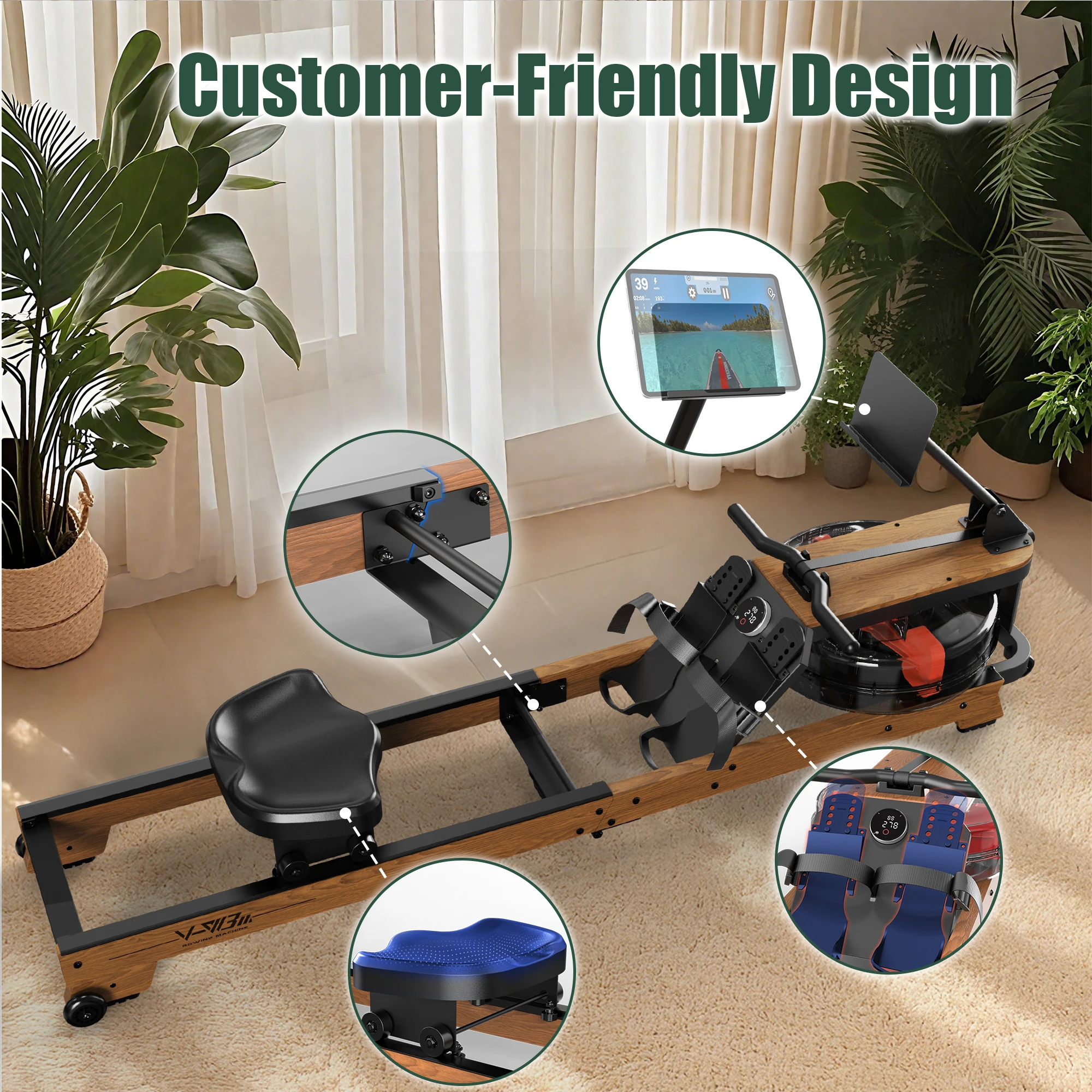 FYSIQ Wasser Rudergerettet ute Zuhause aus Holz Klappbar mit شاشة بلوتوث وحسن الكمبيوتر اللوحي، Comfort-Sitz، Bis 180 كجم Belastbar