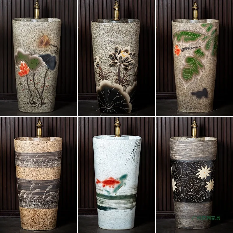 Chinese retro ceramic vertical washbasin outdoor balcony column basin integrated floor-to-ceiling washbasin Customizable