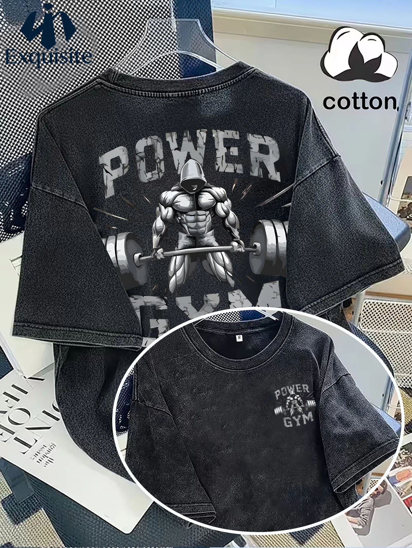 Men's Vintage Washed T-Shirt Old School Gym Bodybuilding Print 100% Cotton Oversized Short Sleeve Workout Tee Streetwear Tops