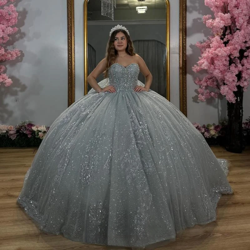 Luxury Silvery Quinceanera Dresses Off Shoulder Appliques Lace Beads Tull Princess Ball Gowns Sweet 16 Dress vestidos de 15 años