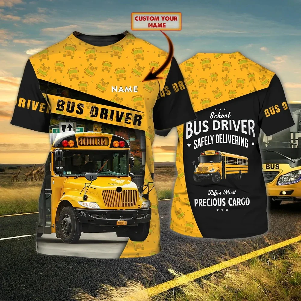 Summer Men's T-Shirt 3d Custom Name Printed Driver School Bus Hd Printed Shirt Fashion Short Sleeve Loose Funny T Shirt Clothing