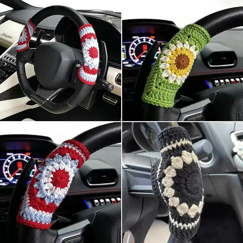 Crochet Steering Wheel Cover Handmade Crochet Fabric Soft Knitted Car Interior Accessories Women Cute Steering Wheel Decor