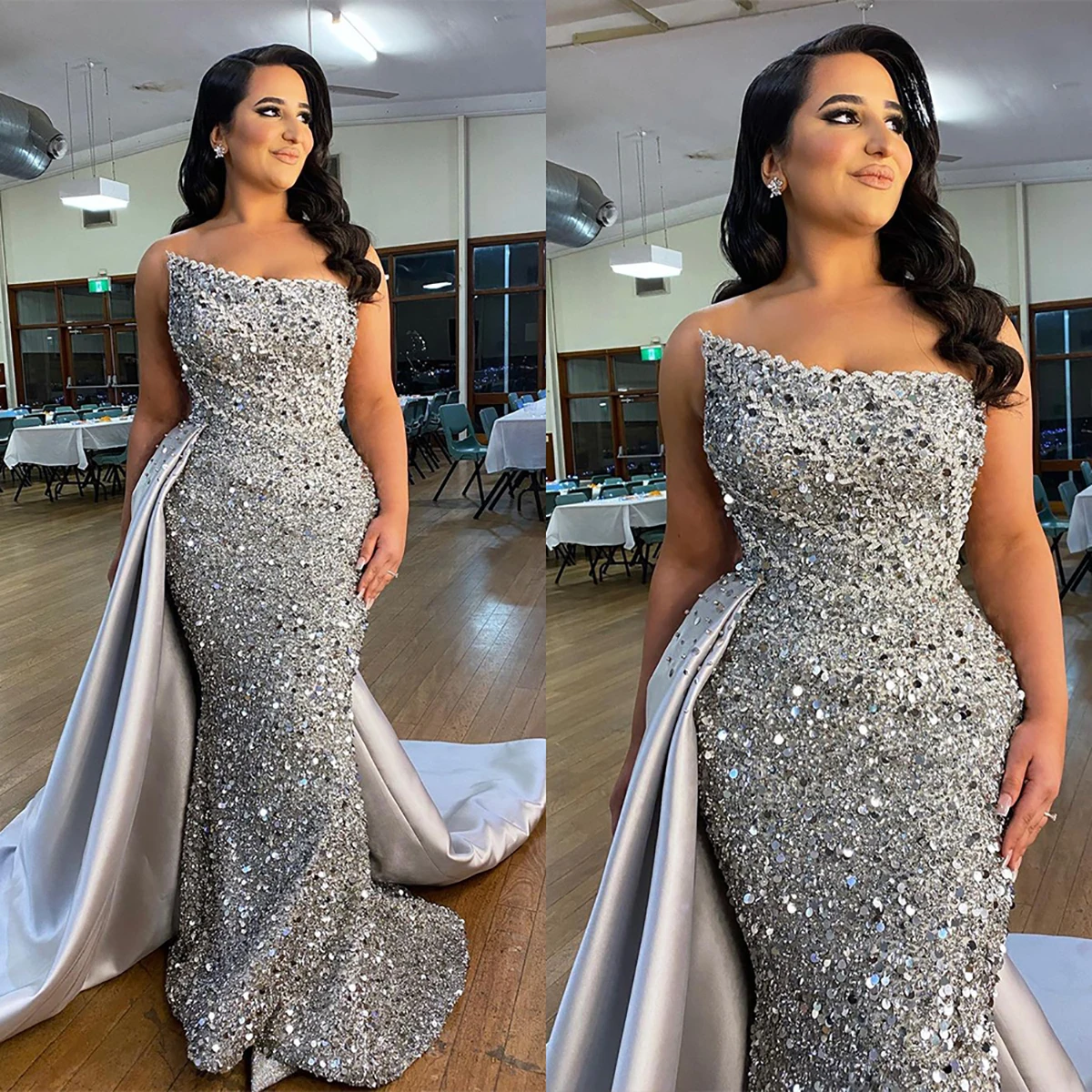 2022 Exquisite Evening Dress Sequined Lrregular Collar Women Elegant Detachable Mermaid Prom Party Gown Robe De Soiree Vestidos