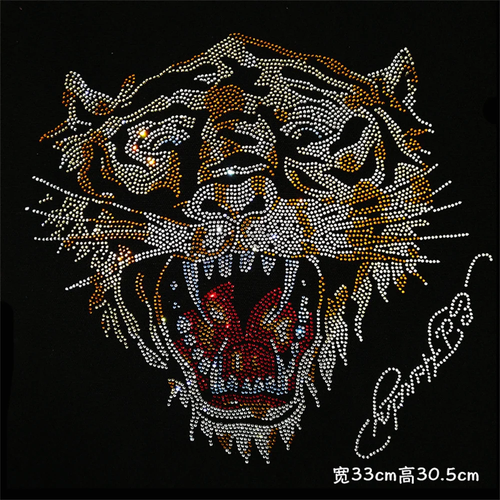 Big tiger head heat transfer hot drill hot drawing accessories DIY shiny rhinestone pattern ironing on T-shirt jacket