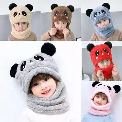 Fashion Cartoon Panda Coral Velvet Cap Fleece Balaclava Baby Scarf Hat Plush Kids Caps Boys Girls