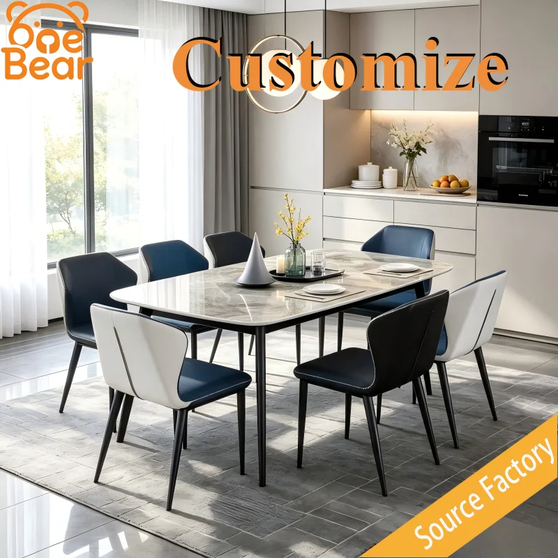Large Size Sintered Stone Dining Table Set 6 Seats Luxury Rectangular Table With Carbon Steel Legs For Modern Family Dining Room