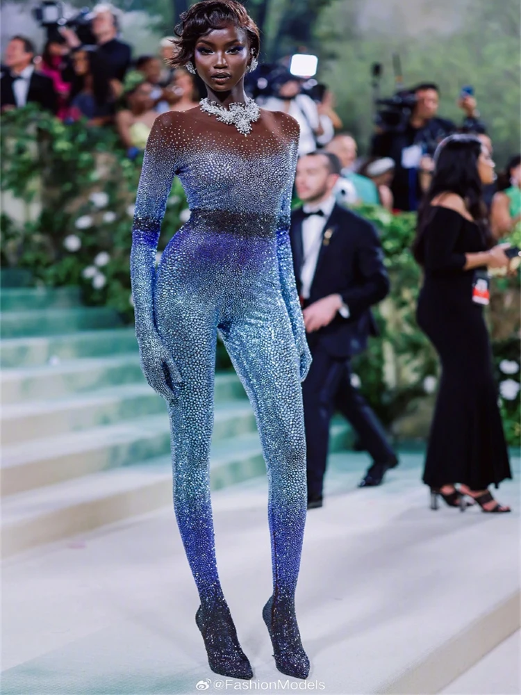 

Sexy Gradient Blue Sparkling Diamond Nightclub DJ Bar Singer Jumpsuit Women DS Gogo Dancer Suit Drag Queen Stage Costume DN20223