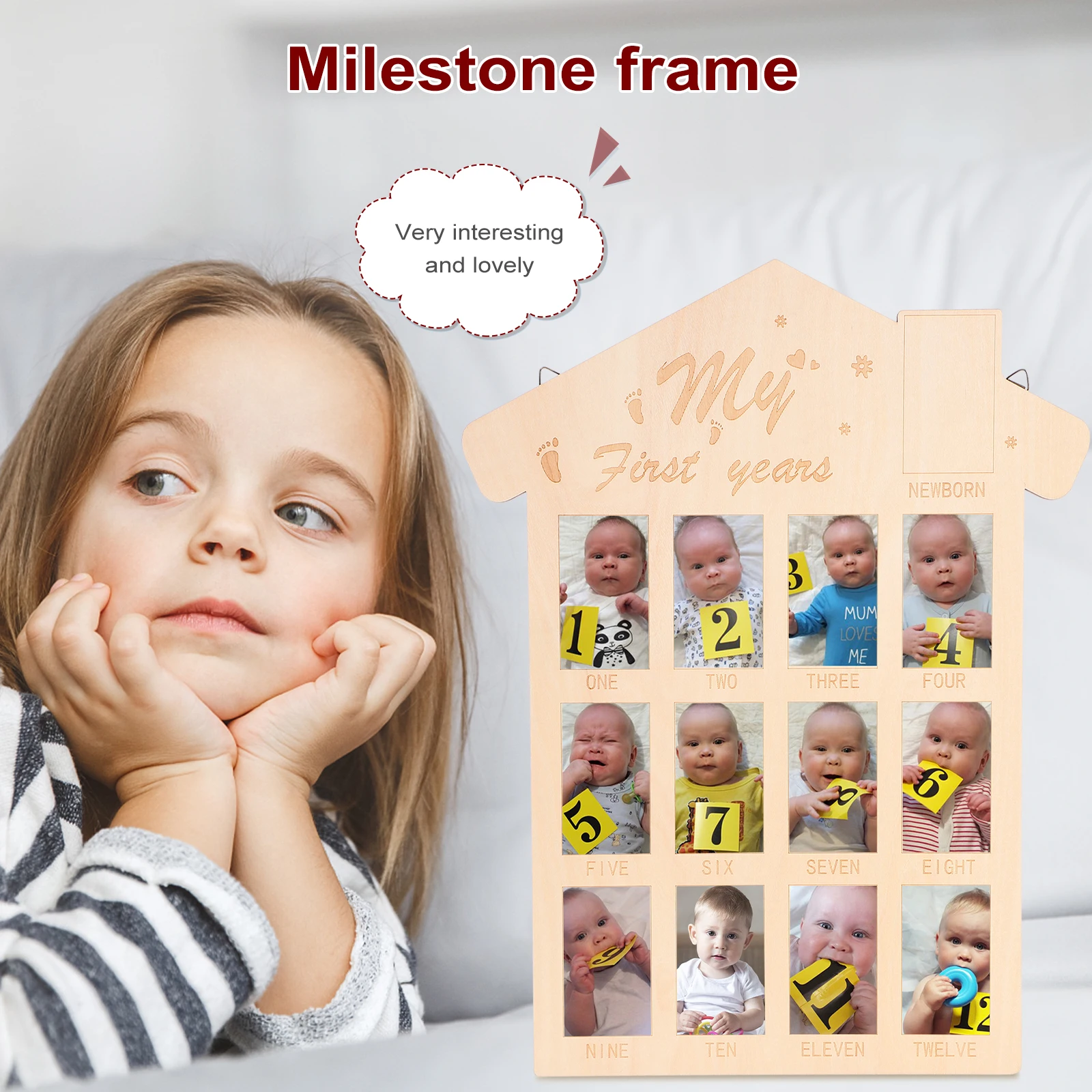 

Wooden Baby Frame for First Year Photo Keepsake 12 Months Commemorate Nursery Decor Wall Table Top Display