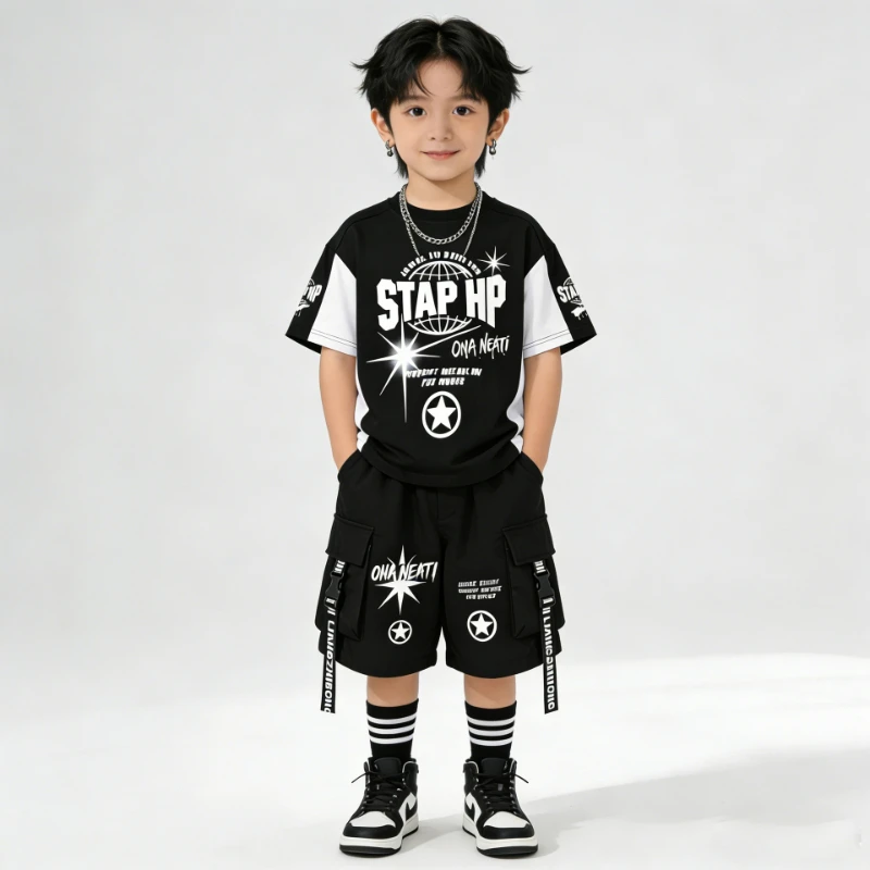 

New Boys Street Dance Costume Short Sleeve Hip Hop Suit Summer Black Cool Hip-Hop Stage Performance Clothing Group Practice Wear