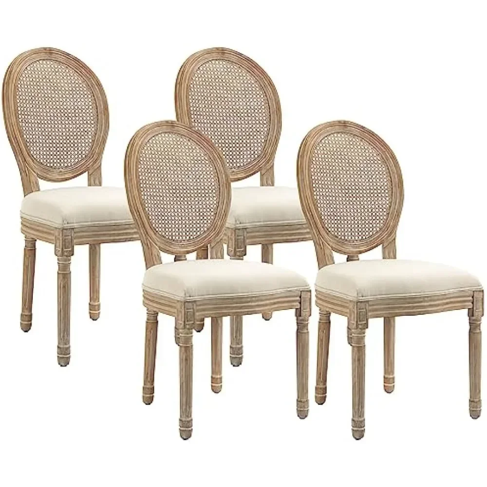 Dining Chair Set of 4 with Rattan Backrest and Linen-Touch Upholstery, Armless Accent Side Chairs, French-Style Dining Chair