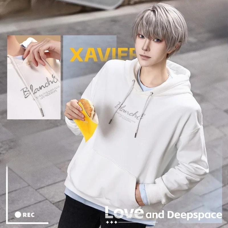 

Xavier Cosplay Game Love and Deepspace Costume White Hoodie Blue Top Full Set Role Play Outfit for Women Men Theme Party