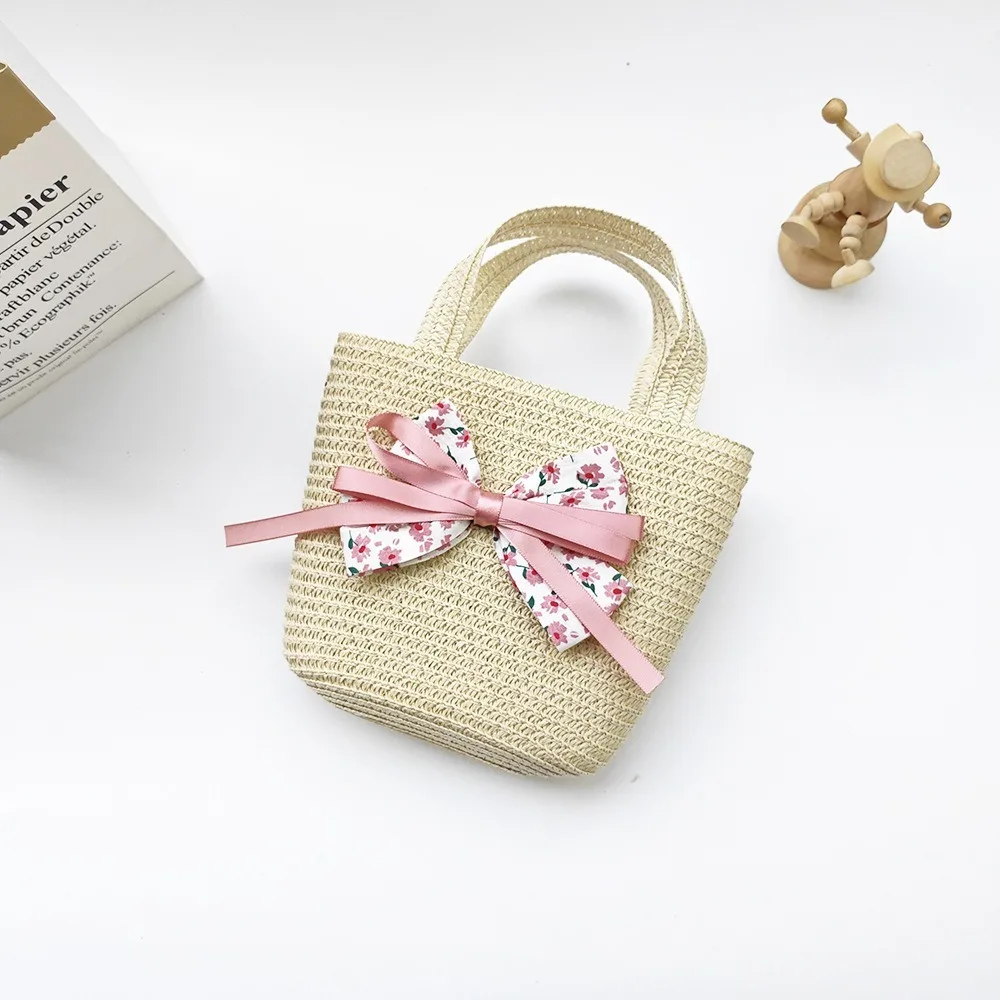 New Handmade Woven Straw Bag Bowknot Breathable Storage Basket Flower Coin Purse Beach Travel