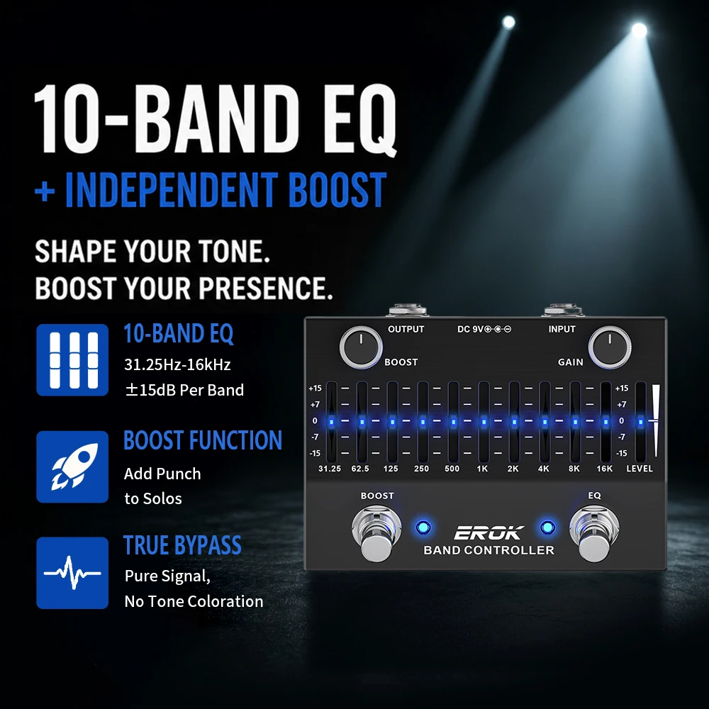 EROK EQB-10 10 Band EQ Equalizer Pedal for Guitar Bass DC 9V True Bypass Boost Gain Aluminum Alloy Shell Effect Pedal