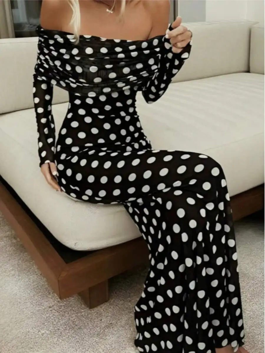 

Off Shoulder Long Sleeve Polka Dot Maxi Dress with Sheer Mesh Detail