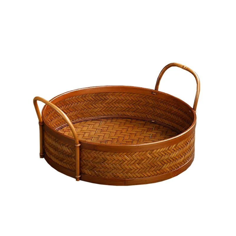 

Handwoven Lacquer Bamboo Basket, Round Storage Fruit Basket with Bamboo Handle, Household Organizer, 2Pcs