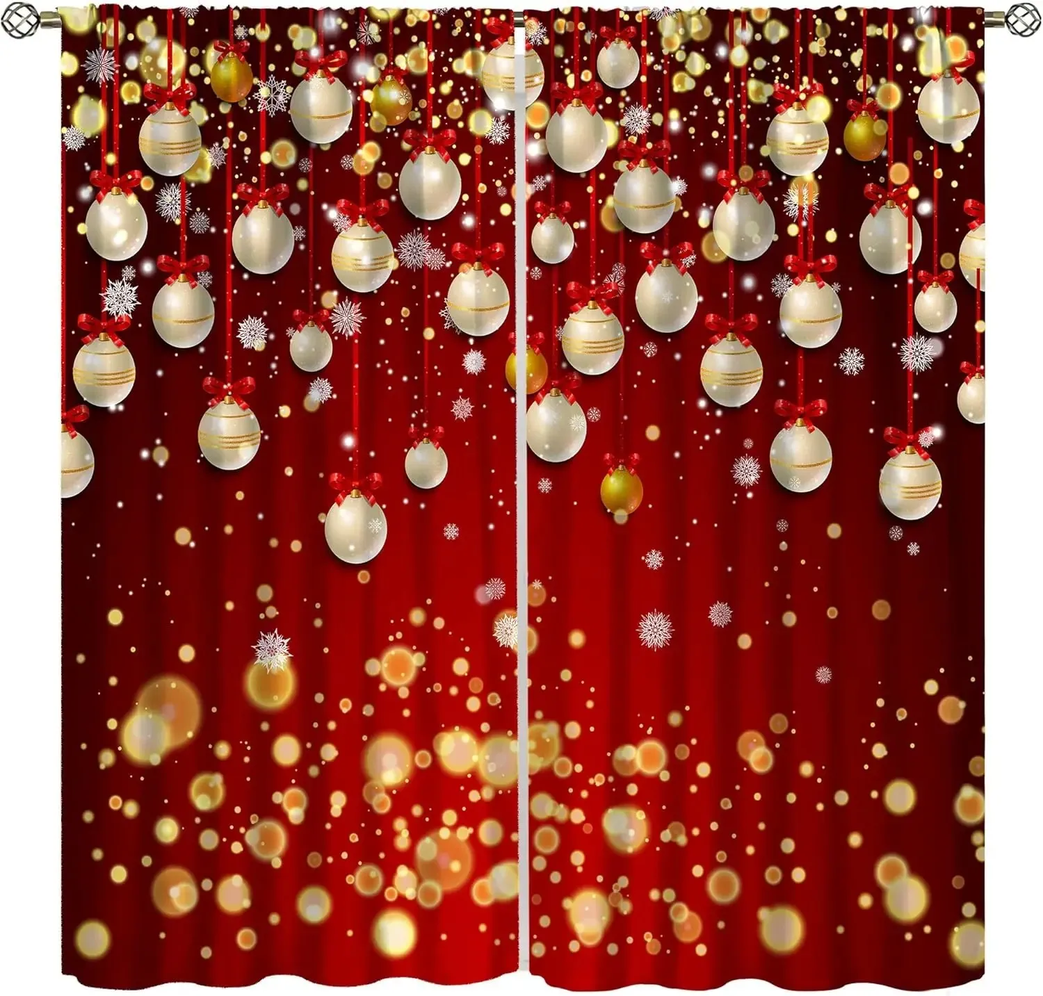 2PCS Digital Print Curtain, White Christmas Ornament Balls with Pink Bows and Gold Sparkles on Red, for Living Room Window Decor