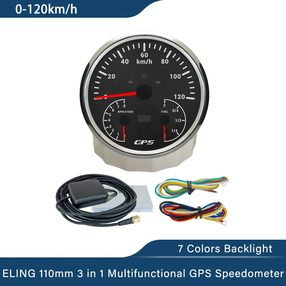 

ELING 110mm 3in1 GPS Speedometer 0-120 0-200 KMH MPH with RPM Tachometer Fuel Level 7 Colors Backlight for Car Marine Boat Auto