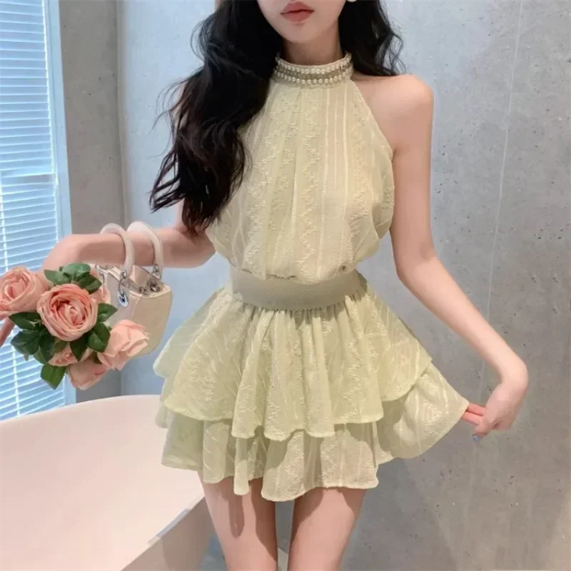 セクシーな甘いキャミソールフリルミニスカート女性のエレガントなスーツ Ezgaga ツーピースセット女性ノースリーブブラウス刺繍レースタンクトップ