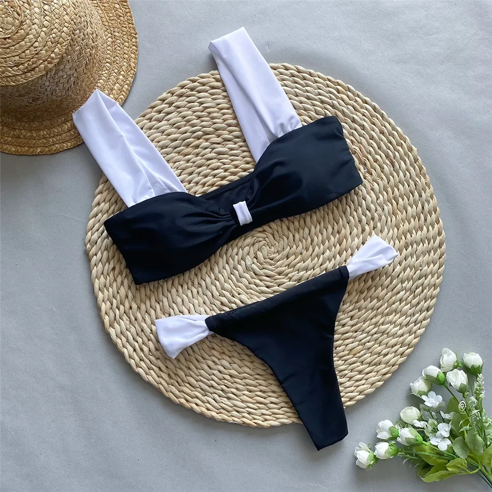 

Black White Patchwork Swimwear Micro Thong Bandeau Bikinis Sets Sexy Swimsuit Women 2025 Bathing Suit Brazilian Bikini Mujer