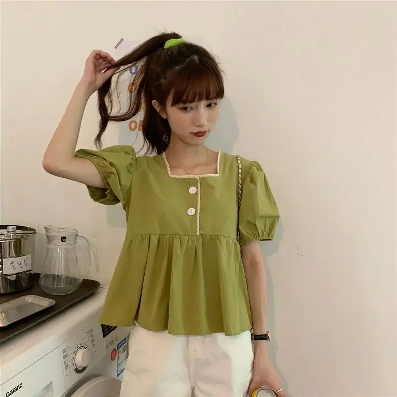 Babados camisas e blusas coreia puff manga curta topo feminino 2024 verão botão doce blusas bonito elegante sólido branco roupas