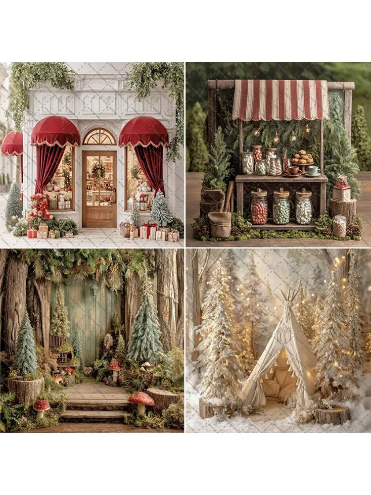 Tło fotograficzne Mehofond Zima Boże Narodzenie Las Kawiarnia z Gorącym Kakao Choinka Dzieci Portret Rodzinny Dekoracja Tło do Zdjęć Studio Fotograficzne — zdjęcie produktu 7