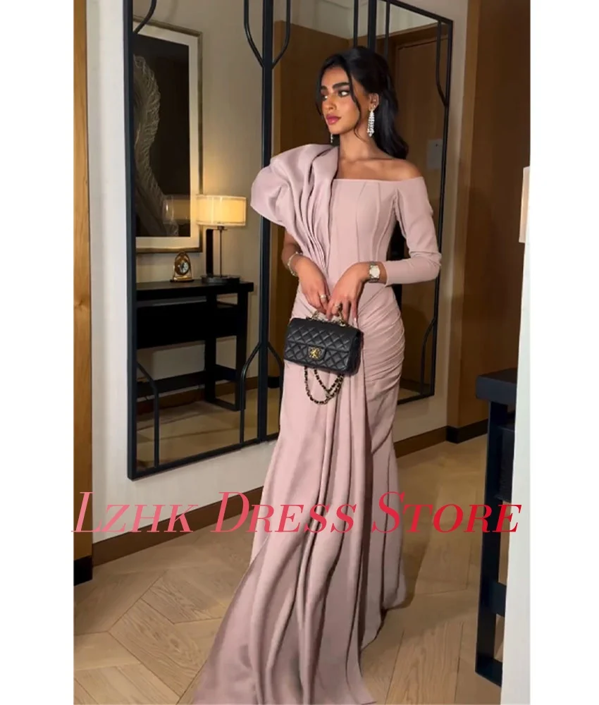 Abito da sera a sirena in jersey grazioso personalizzato, maniche lunghe, scollo quadrato, lunghezza del pavimento, فستانmavera