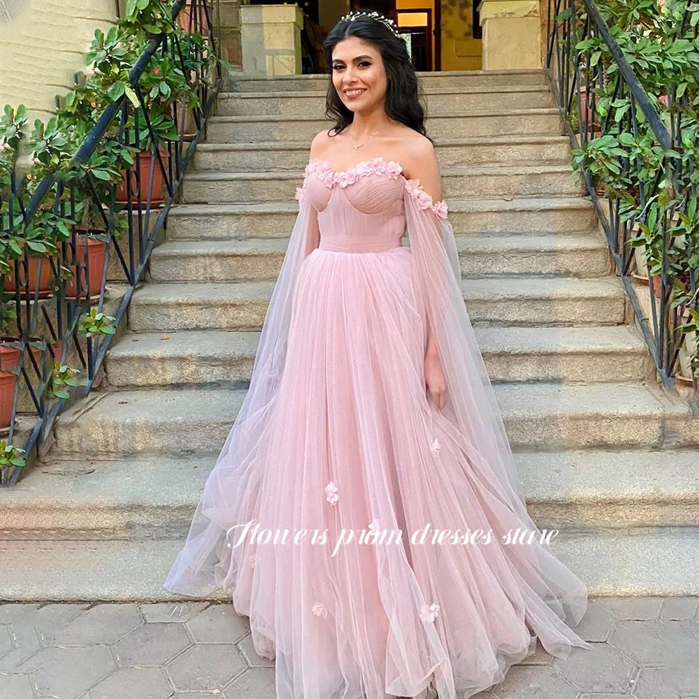 

Flowers Cape Sleeve Party Dress A Line Prom Gowns 3D Flowers Formal Evening Princess Gown Women Vestido De Novia Customized