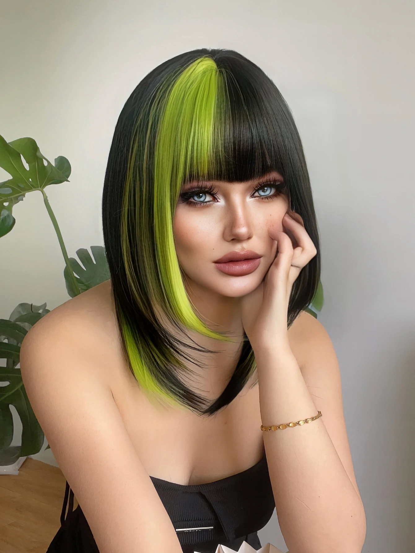 18Inch Black Highlight Fluorescent Green Synthetic Wigs With Bang Short Natural Straight Hair Wig For Women Daily Heat Resistant