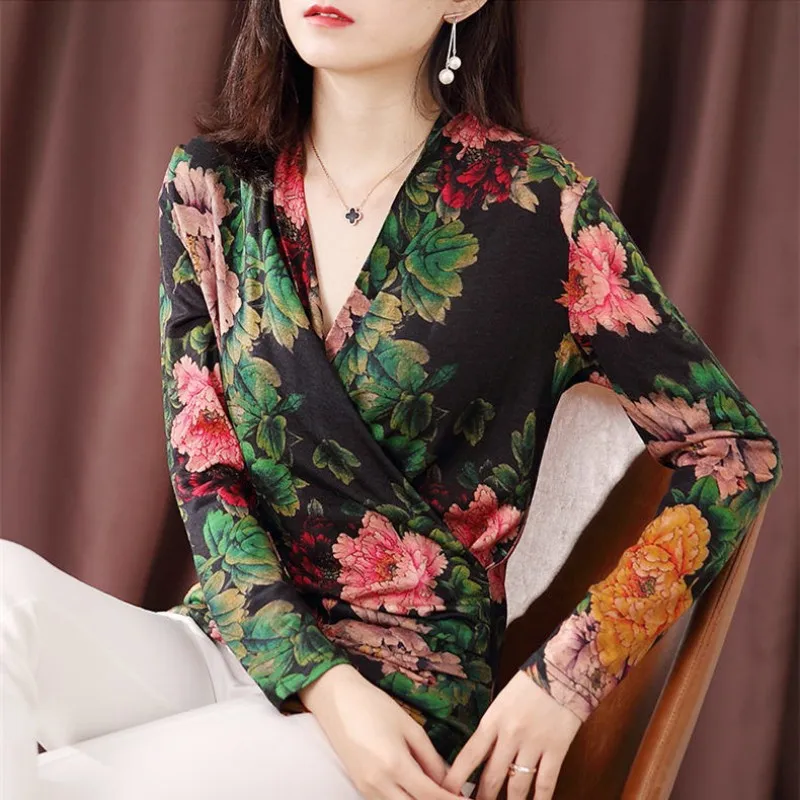 Women Spring Autumn Style Blouses Shirts Lady Casual Long Sleeve V-Neck Flower Printed Blusas Tops DD8061