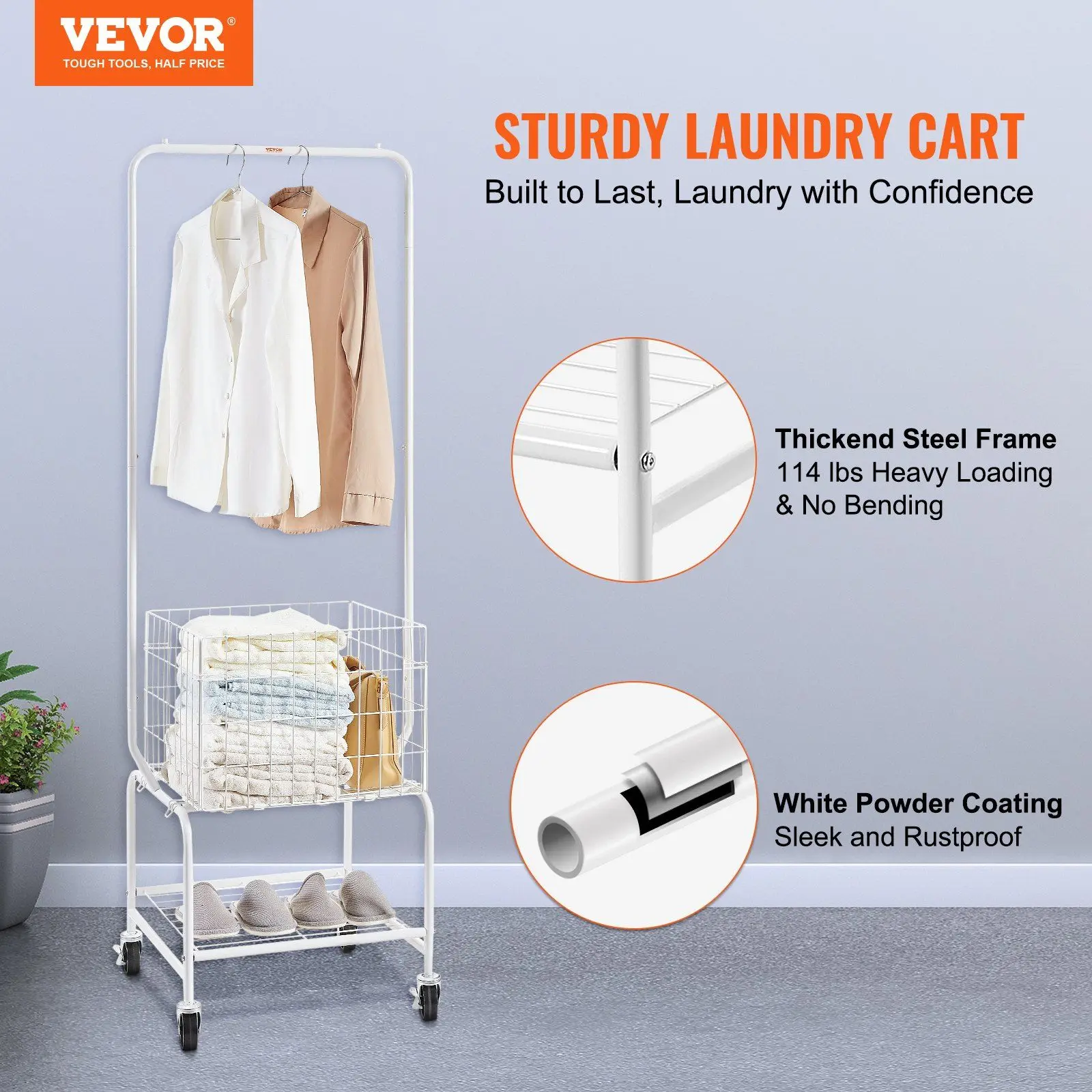 Metal Rolling Laundry Basket with Hanging Garment Rack, Height Adjustment Laundry Hamper Cart with Basket Load and Shelf Load,