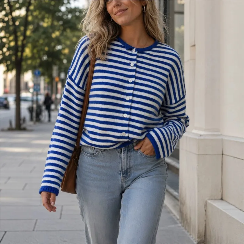 Womens Striped Cardigan Sweater Top Casual Crew Neck Button Down Long Sleeve Casual Loose Knit Sweaters Winter Fall Outerwear