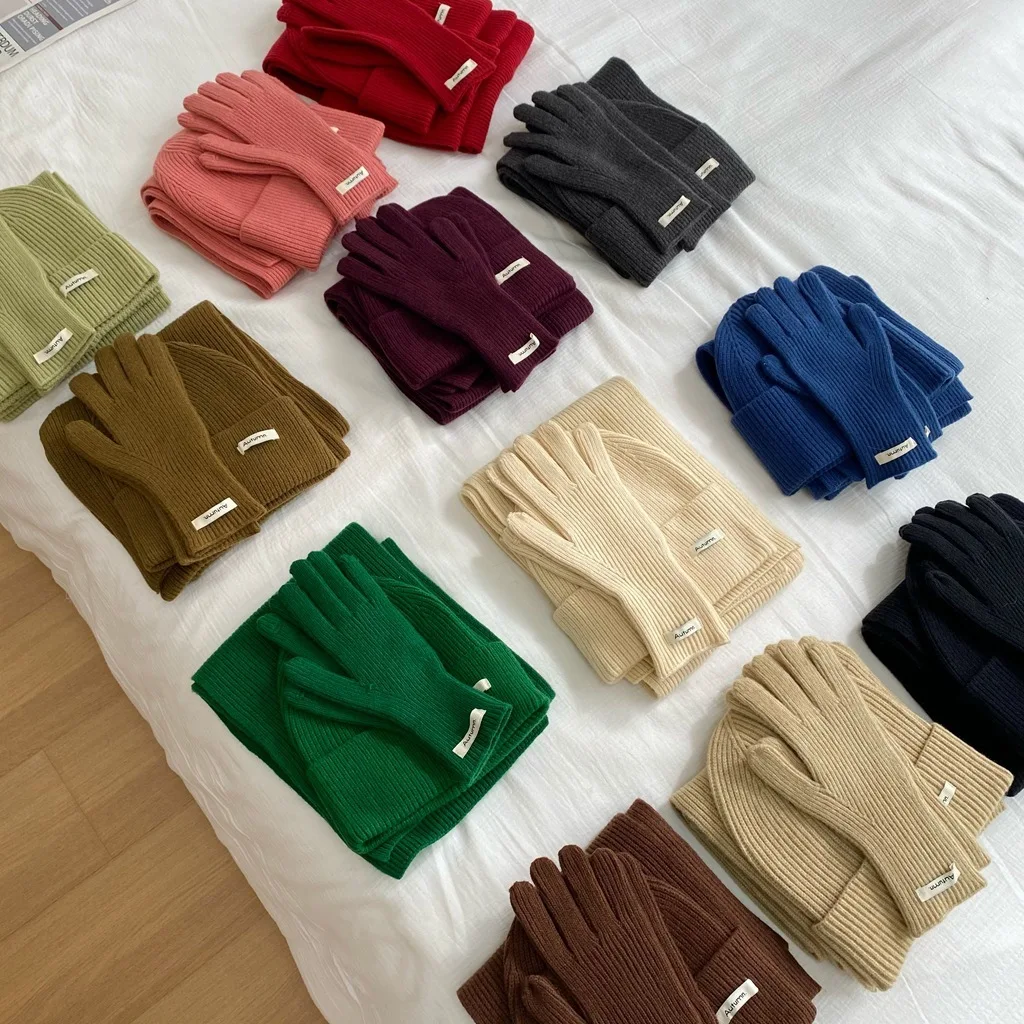 قبعة محبوكة بلون سادة دافئة وعصرية لخريف وشتاء 2025، وشاح، مجموعة قفازات، يمكن تقديمها كهدية