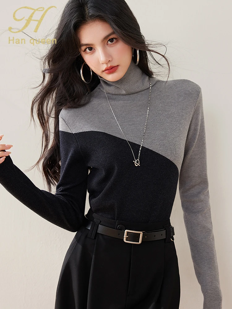 H Han Queen 2025 Primavera Autunno Maglieria Coreano Pullover Elastici Maglioni Che Basa Casual Maglione A Collo Alto Abbigliamento Donna