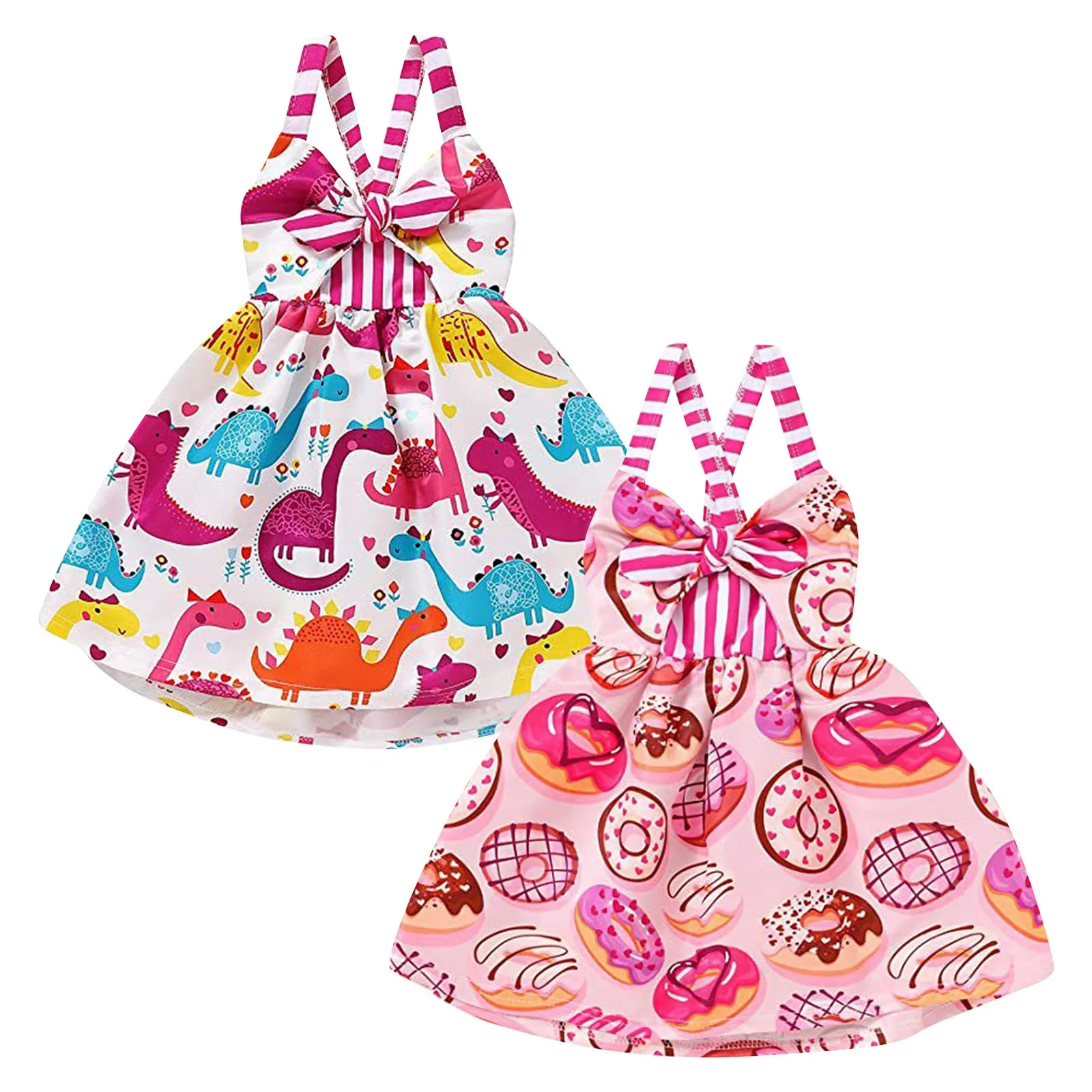 Toddler Baby Girl Dress Sleeveless Floral Strap Backless Summer Dinosaur Donut Princess Birthday Girl First Birthday Outfit