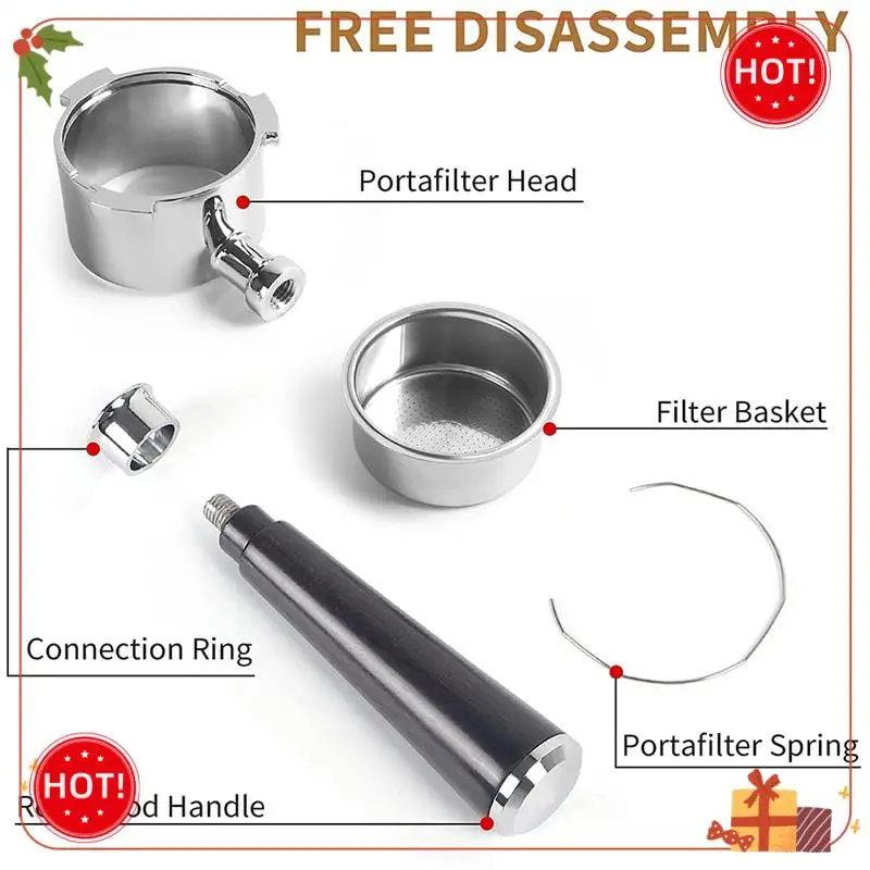 ABLE-51Mm Portafilter 3 หู,สแตนเลส,51Mm Bottomless Portafilter พร้อมที่จับไม้และตะกร้ากรอง