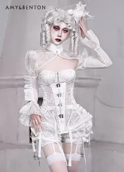 Blood Supply Original Y2K Lolita Fishbone Strap Corset Three-piece Subculture Sexy Strapless Top Irregular Mesh Skirt Shorts