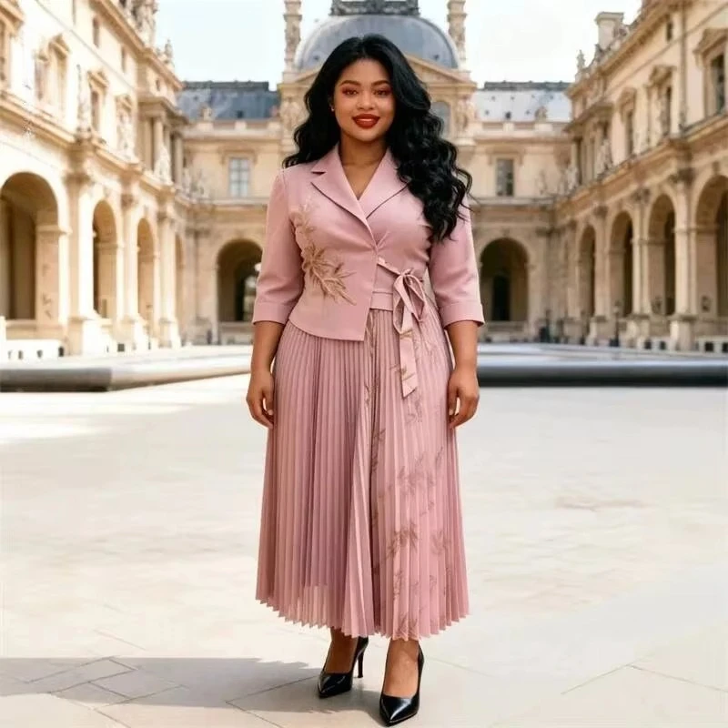 ANLAN Gold Foil Printing Women's Pleated Dress Elegant Blazer Collar Fake Two Pieces Tie Waist Design Elastic Dresses 7AN5986