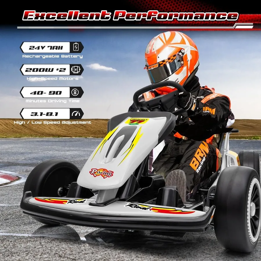 عربة الذهاب الكهربائية 24 فولت للأعمار من 6 إلى 12 عامًا مع إطارات EVA رمادي 400 وات أقصى سرعة 8.1 ميلا في الساعة موسيقى عالية/منخفضة السرعة USB ركوب خارجي سريع الانجراف