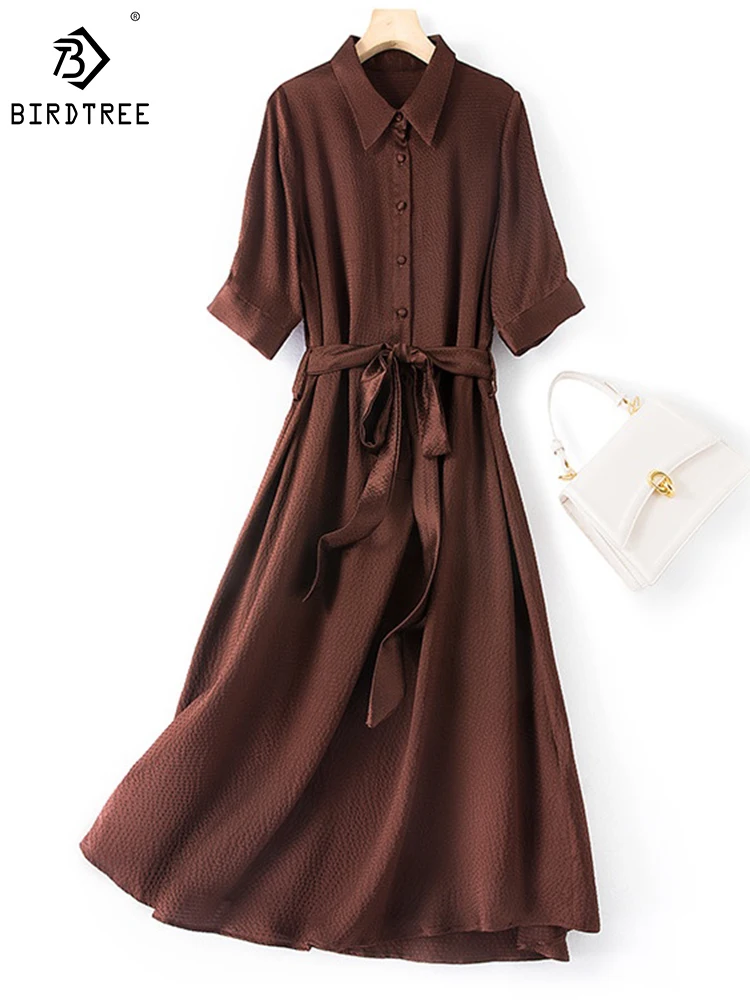 Birdtree 93%Mulberry Silk Everyday Dress Stretch Pearl Satin Waist Polo Neck Solid Color Breathable Commute Woman New D38071QD