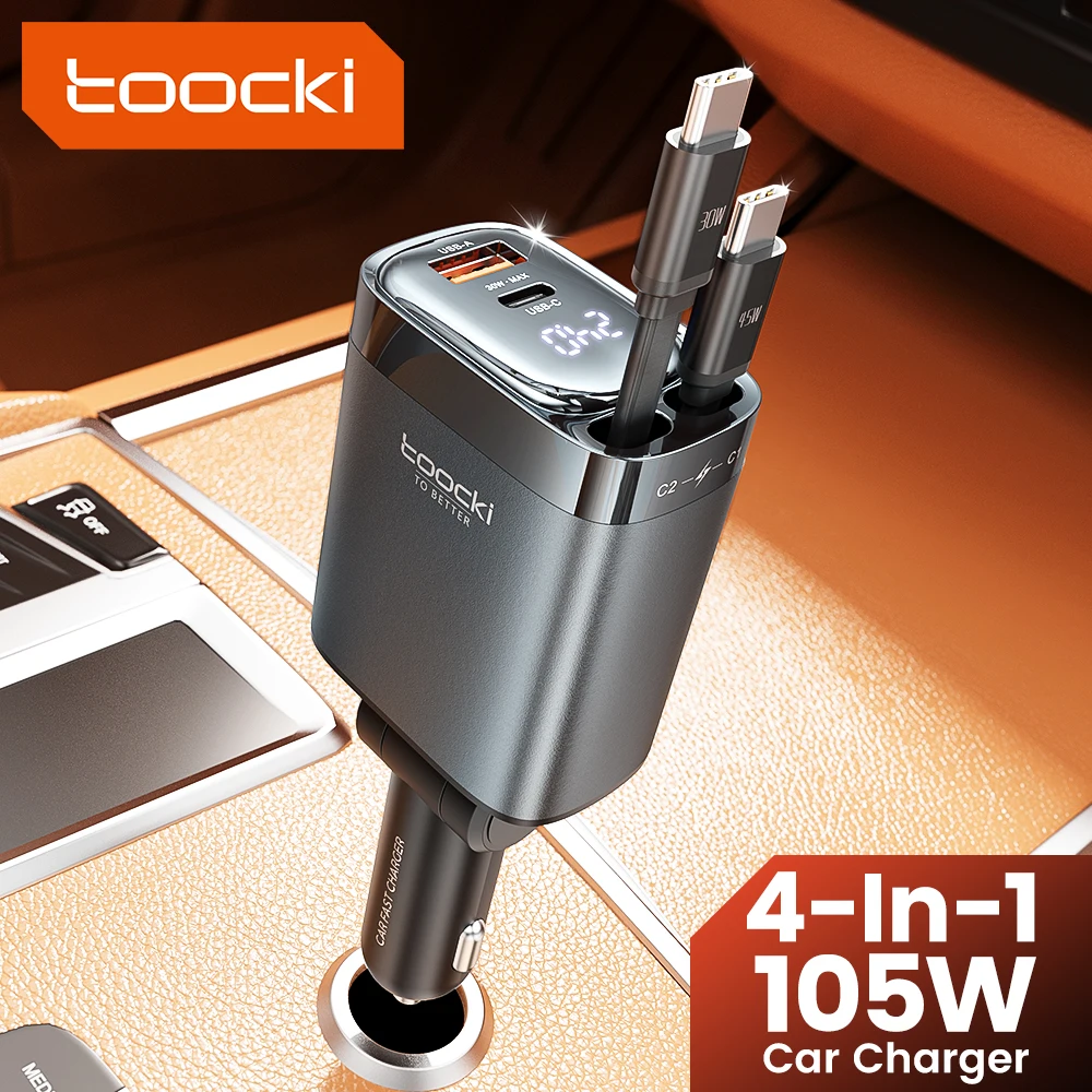 Toocki 105W 4-In-1 USB Display Charger PD Fast Car Phone Charger With Dual Type-C Retractable Cable For iPhone 16 15 Xiaomi 12