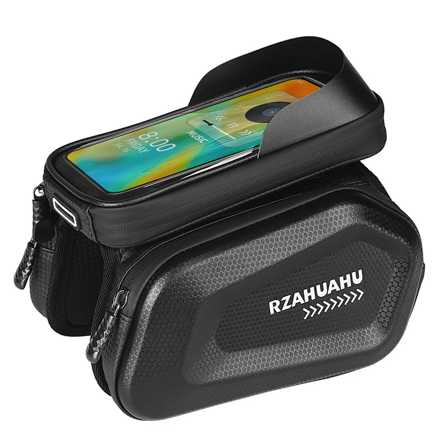 

7 Inch Phone Bike Front Frame Bag Touch Screen Waterproof EVA Hard Shell Bicycle Top Tube Storage Bag with Headphone Hole