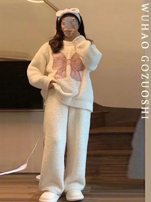 여성용 티엔드 플러피 스포츠웨어 세트, 매듭 장식 따뜻한 홈웨어 긴 소매 라운드 넥 파자마 세트